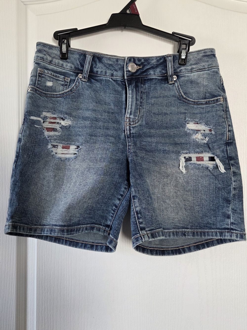 Maurices Distressed Blue Jean Shorts with American Flag Detail